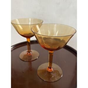 Set 2 Beautiful Vintage Amber Glass Cordial Wine Glasses 5 Inch Glass Rare